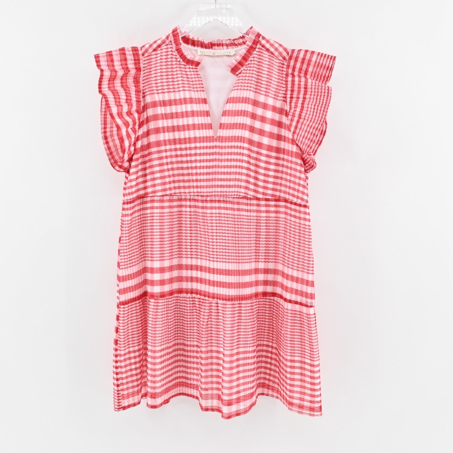 MARIE OLIVER Bay Mini Cherry Dress Size L Red Check Silk Blend Ruffle Flutter