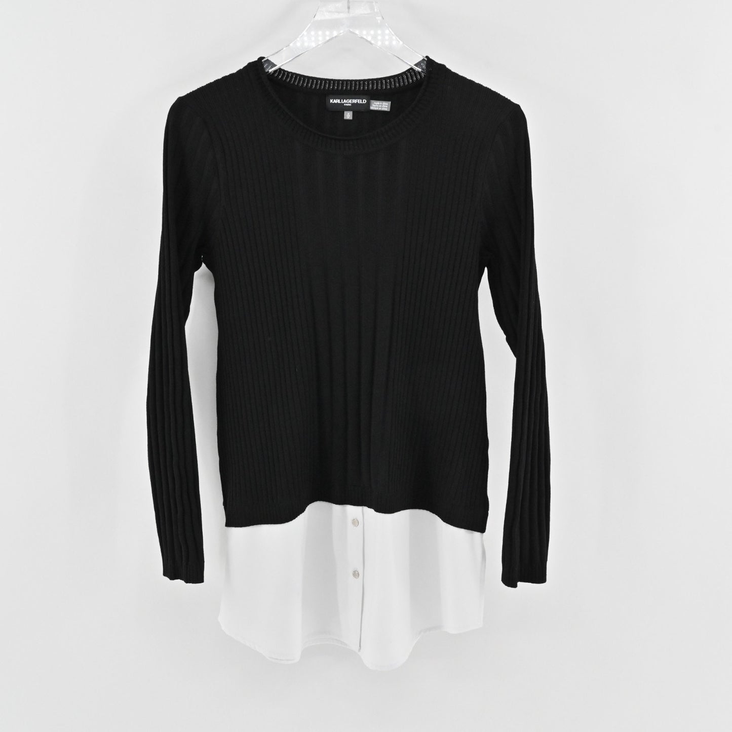 Karl Lagerfeld Womens Twofer Ribbed Sweater Size S Black White Mixed Media Top