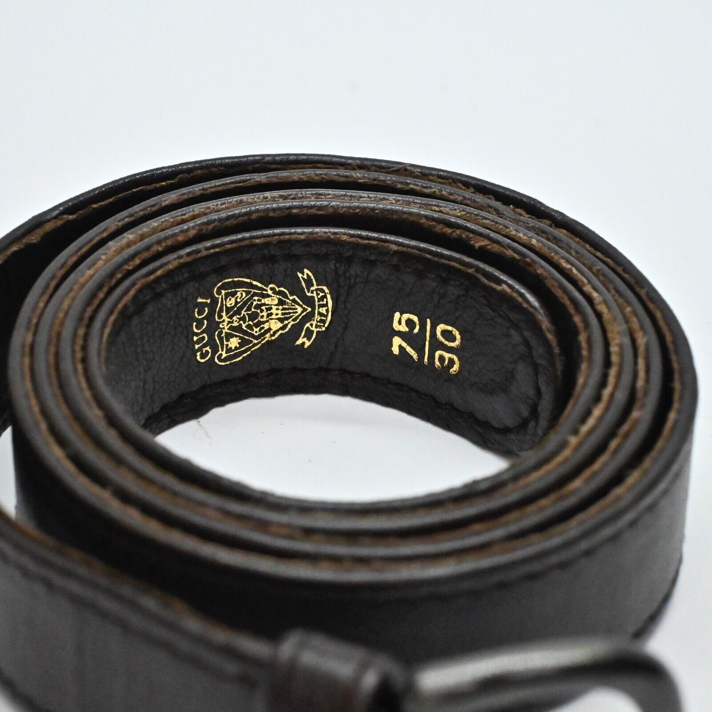 Vtg GUCCI Belt Womens Size 75/30 Brown Leather Gunmetal Buckle Stamped Logo 80s
