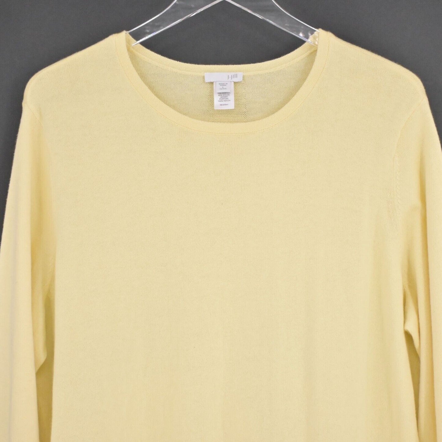 J JILL Sweater Womens Size L Petite Yellow Knit Cotton White Contrast Hem Preppy