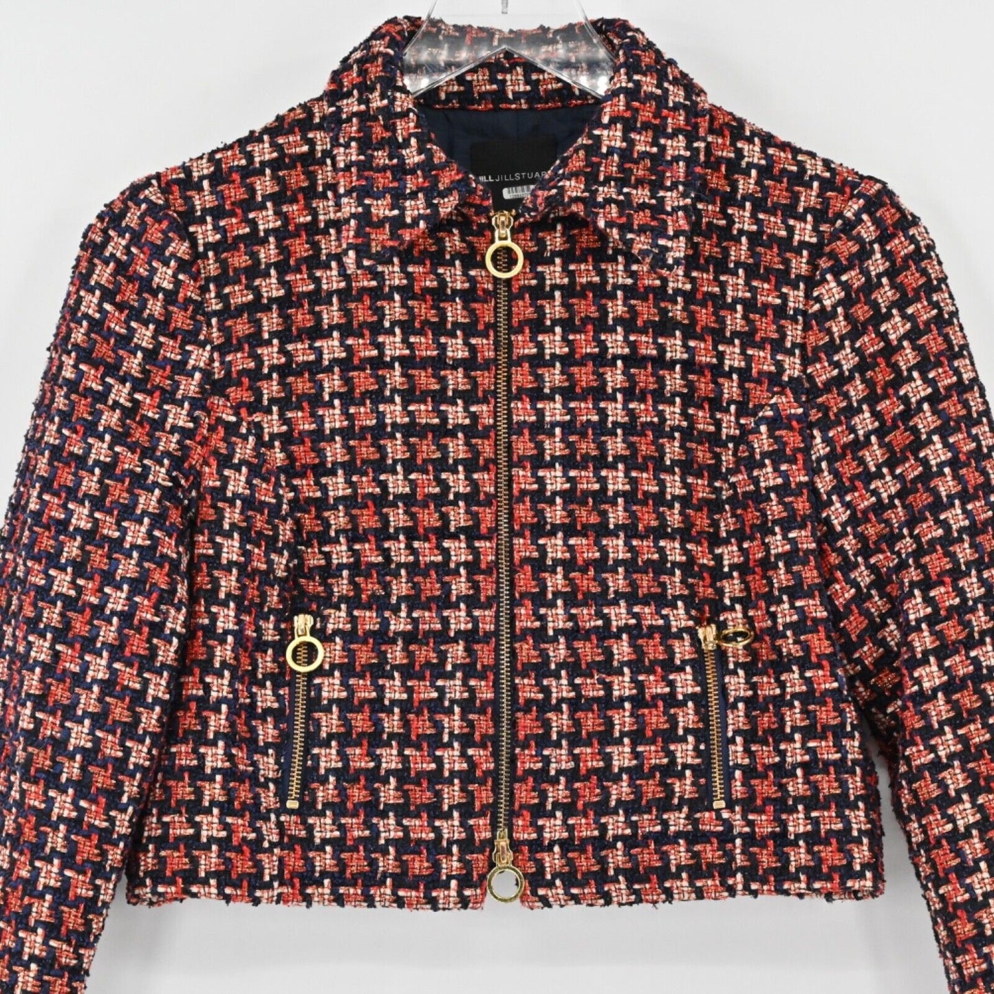JILL JILL STUART Blazer Womens Size 4 Cropped Tweed Jacket Houndstooth Plaid Zip