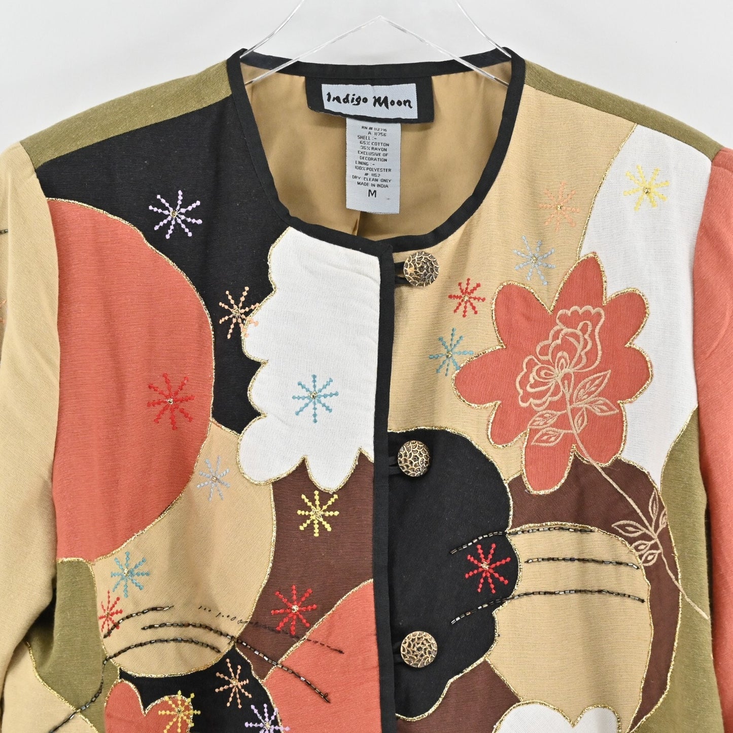 Vtg INDIGO MOON Womens Floral Beaded Jacket Size M Multicolor Boho Art to Wear