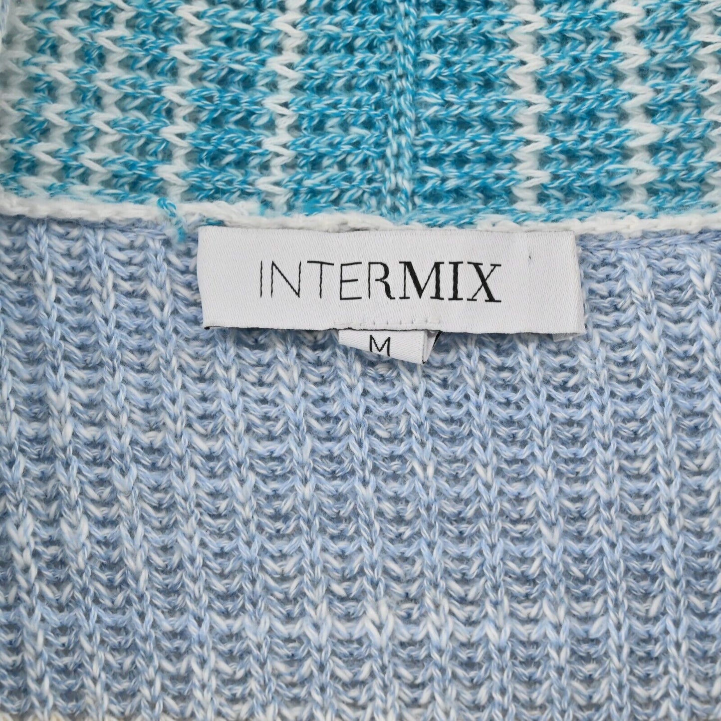 INTERMIX Sweater Womens Size M Drop Shoulder Knit Fringe Cardigan Tie Blue Multi