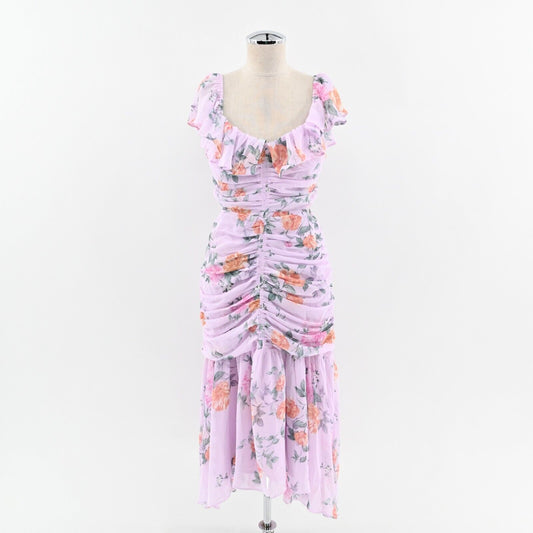 ASTR Dress Size M Devereaux Midi Cut Out Side Draped Pink Multi Floral Lavender
