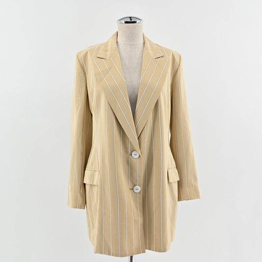 Linda Allard Ellen Tracy Womens Silk Blazer Size 2 Striped Tan Long Line Career