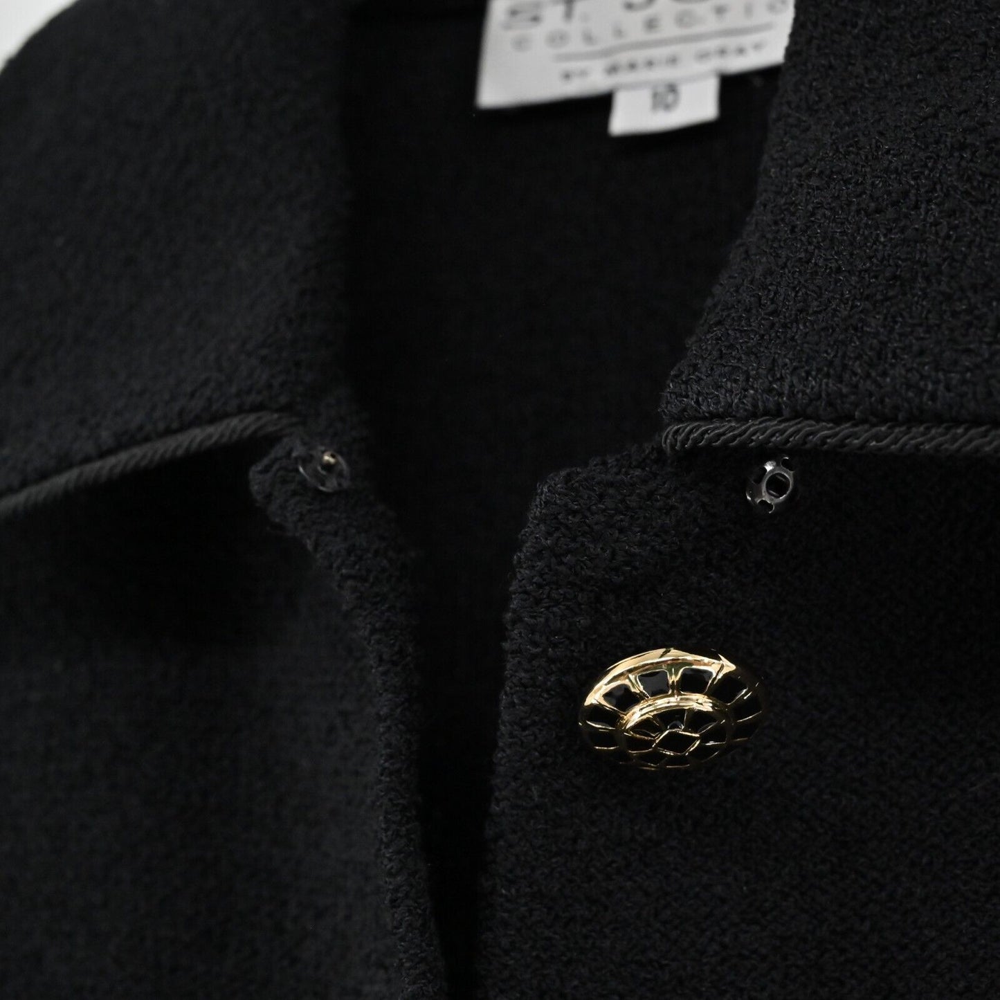 ST JOHN Jacket Womens Sz 10 Collection Santana Knit Black Gold Buttons Dog Show