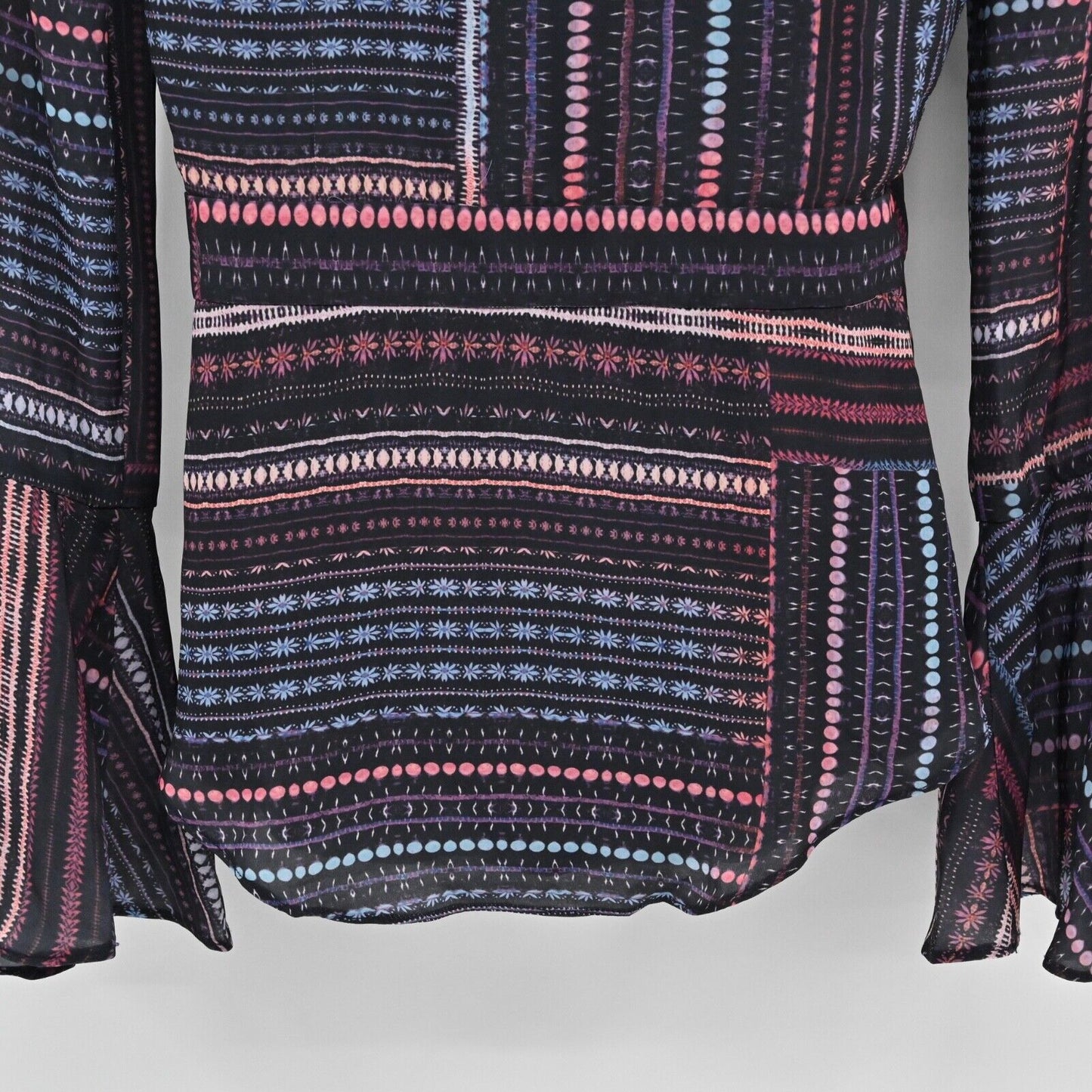 PARKER Top Women Sz XS Black Floral Stripe Mix Print Bell Sleeve V Neck Wrap NEW