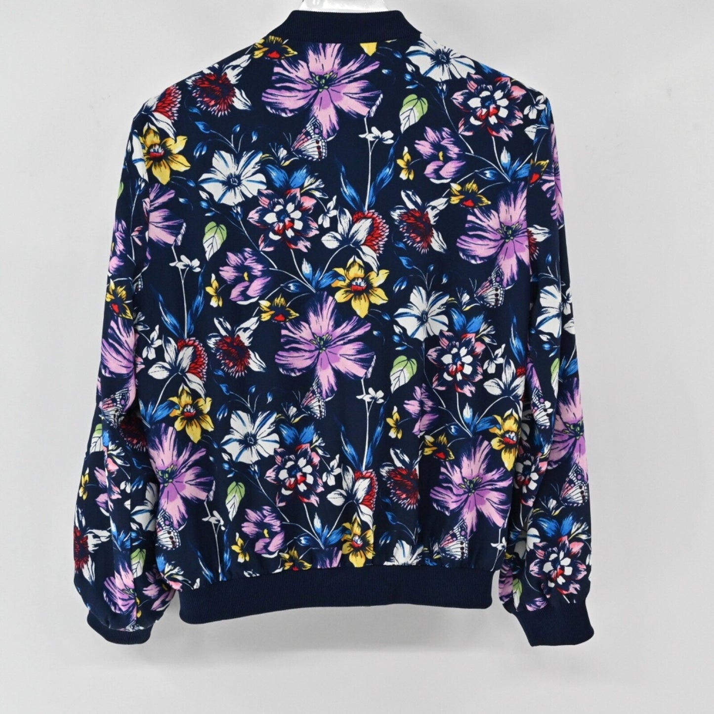 PHILOSOPHY Womens Floral Bomber Jacket Size M Blue Butterfly Full Zip Pockets