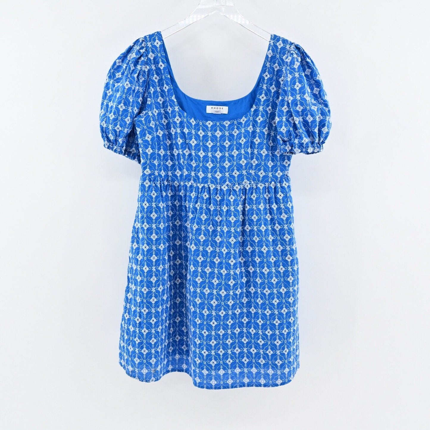 RHODE X TARGET Dress Sz S Blue Embroidered Eyelet Floral Cotton Puff Sleeve Mini