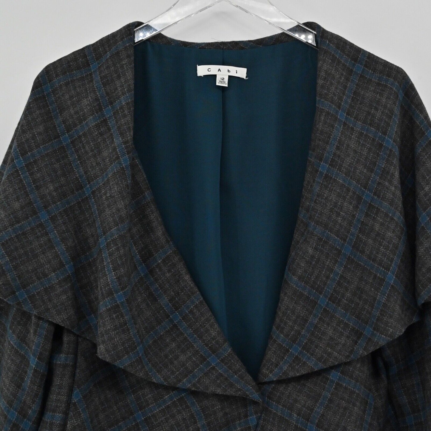 CABI Jacket Womens Size 12 Gray Blue Court Plaid Tweed Capelet Style Crop Retro