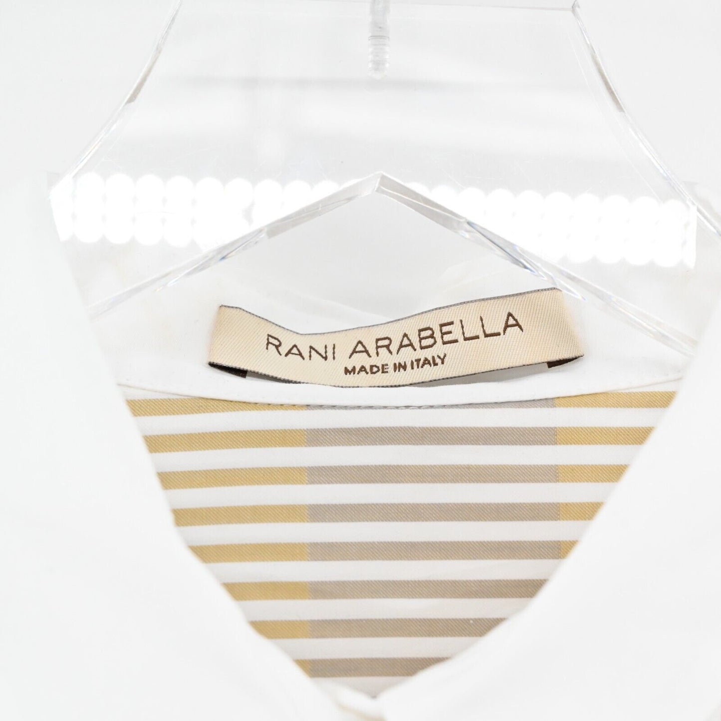 RANI ARABELLA Top Womens Sz L Yellow Tan Stripe Button Italy Cotton Quiet Luxury