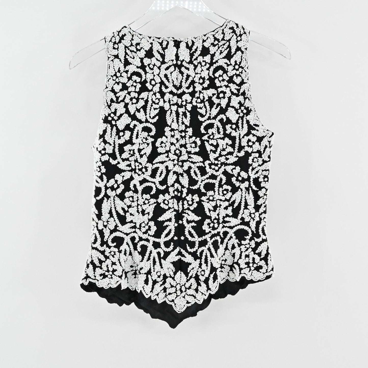 Vtg Womens Beaded Top S Black White Floral Sleeveless All Over Embellished JKARA