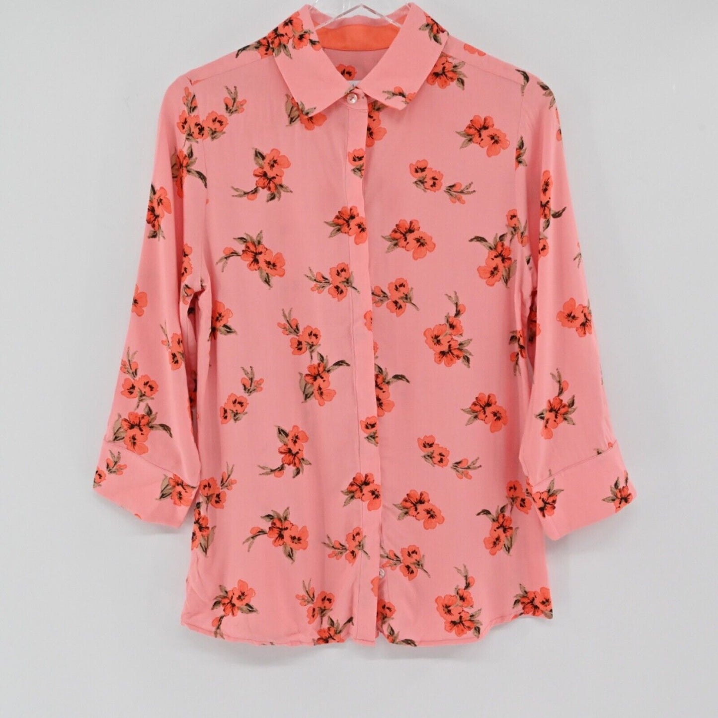 PERLAVERA Top Womens Size S Pink Floral 3/4 Sleeve Button Up Preppy Boho Office