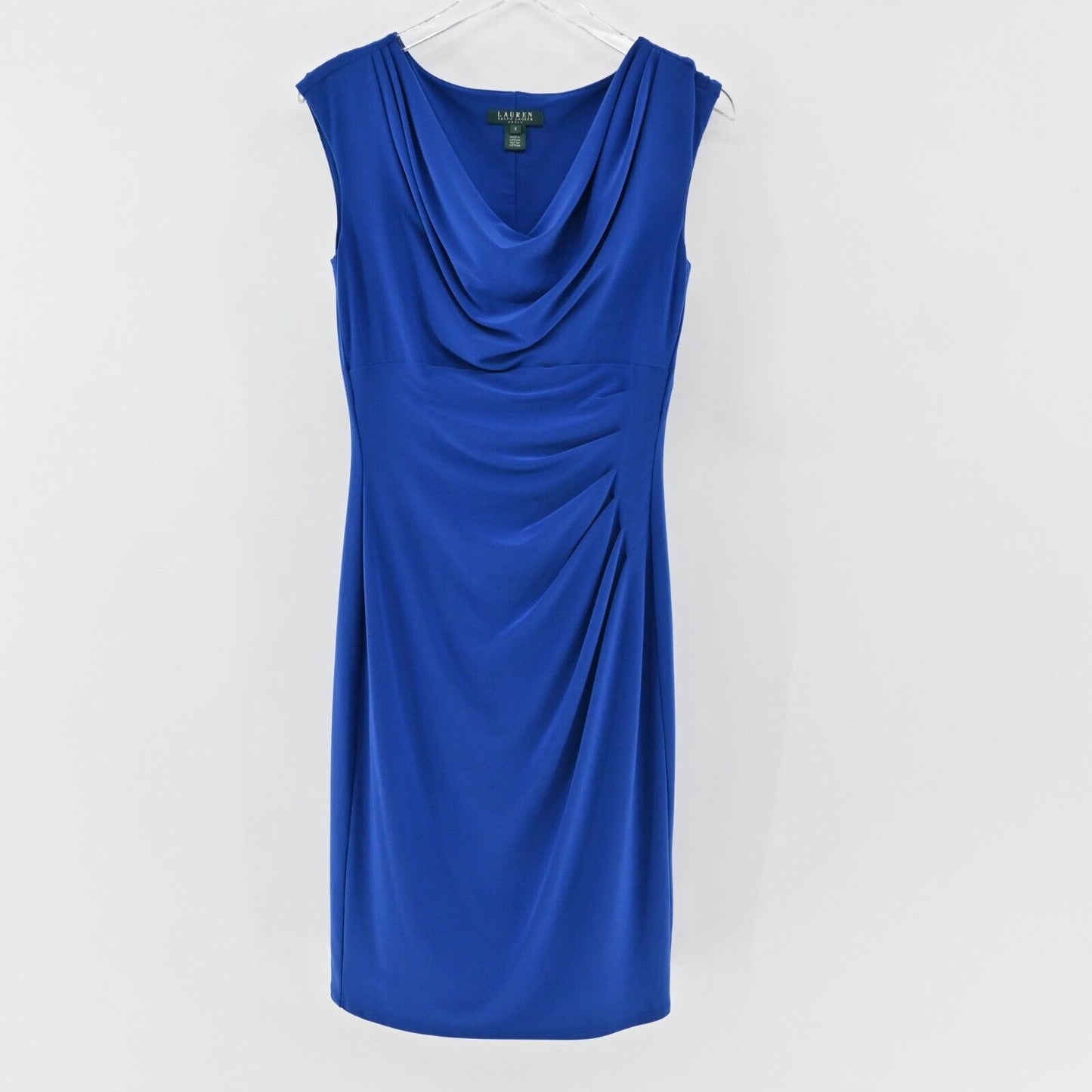 RALPH LAUREN Dress Size 6 Cobalt Blue Stretch Jersey Cowl Neck Ruched Corpcore