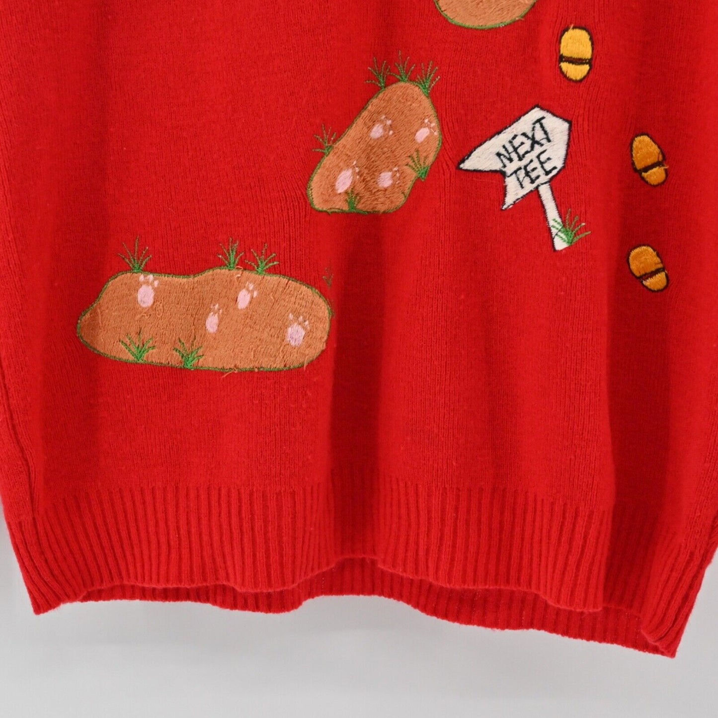 Vtg PALM SPRINGS Novelty Golf Sweater Womens Size L Red Embroidered V Neck 80s