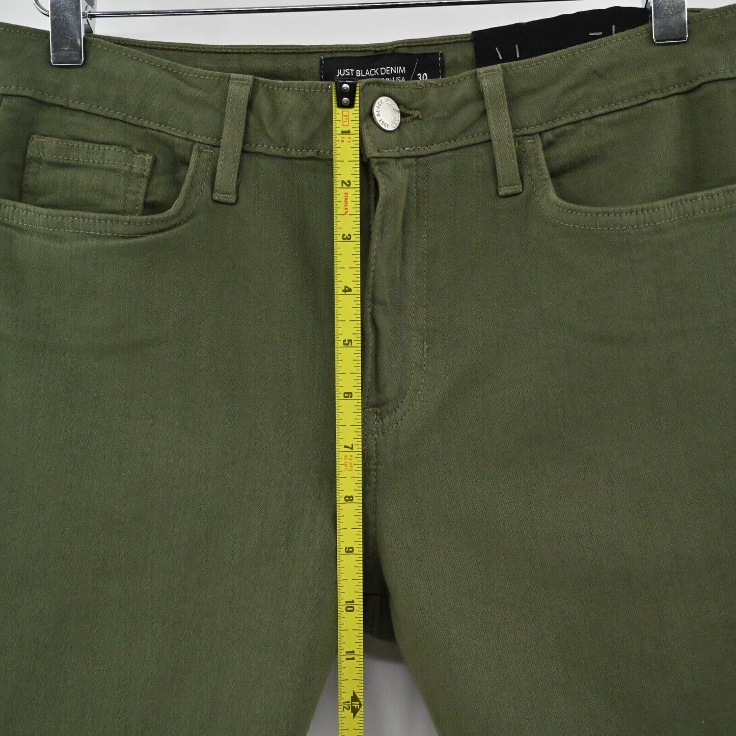 JUST BLACK DENIM Jeans Womens Sz 30 Green Crop Ankle Army Fringe Made in USA NEW