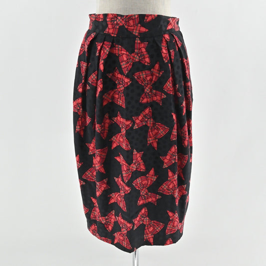 Vtg 80s Holiday Bow Silk Skirt Size 10 Black Red Pleated Ugly Christmas Party