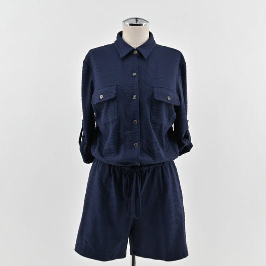 J McLaughlin Womens Westport Navy Raffia Jacquard Romper Size M Drawstring Waist