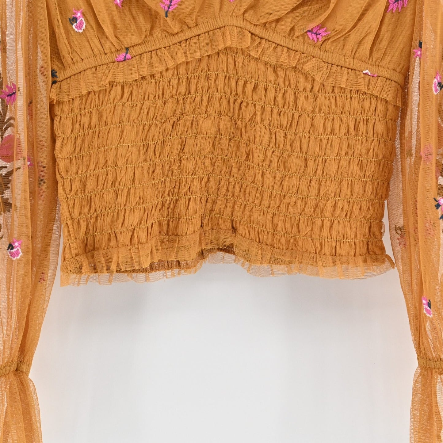 ANTHROPOLOGIE Floral Embroidered Top Womens Size XS Smocked Tulle Brown Blouse