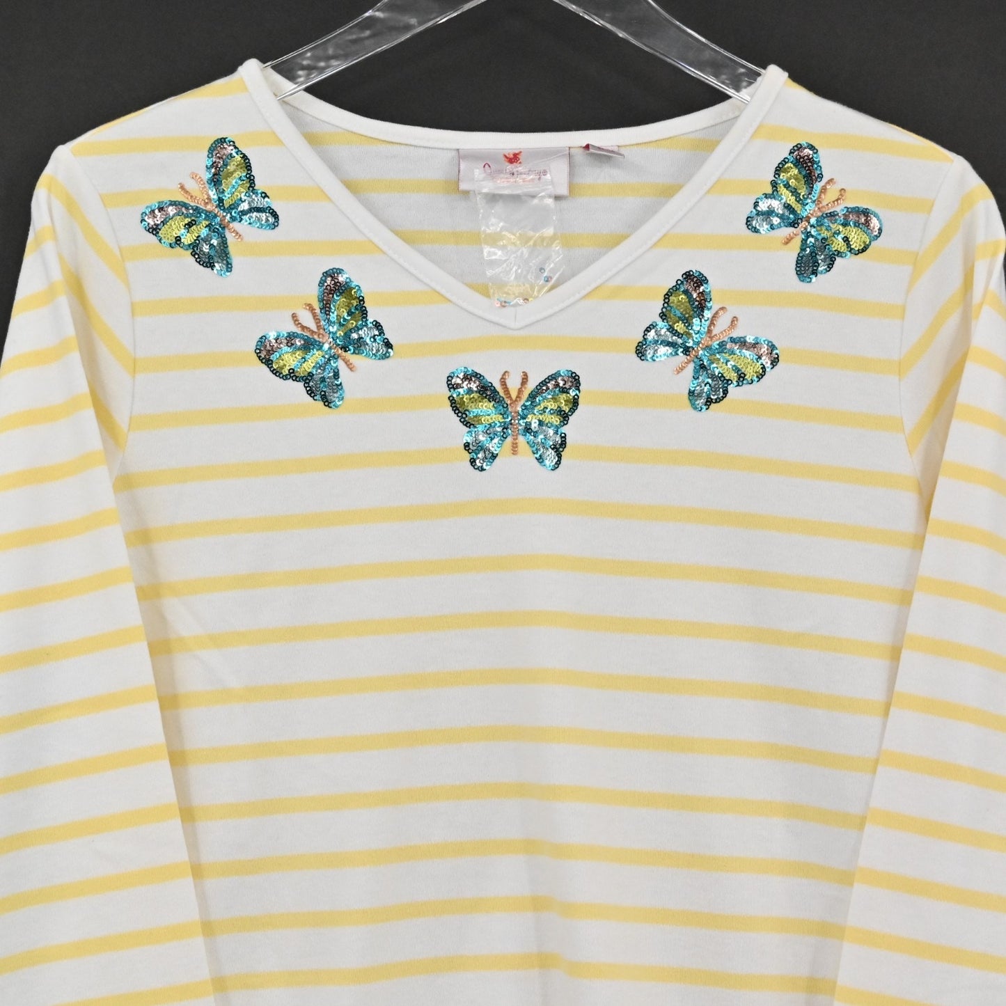 Quacker Factory Womens Sequin Butterfly Top Size S Yellow White Stripe Knit NEW