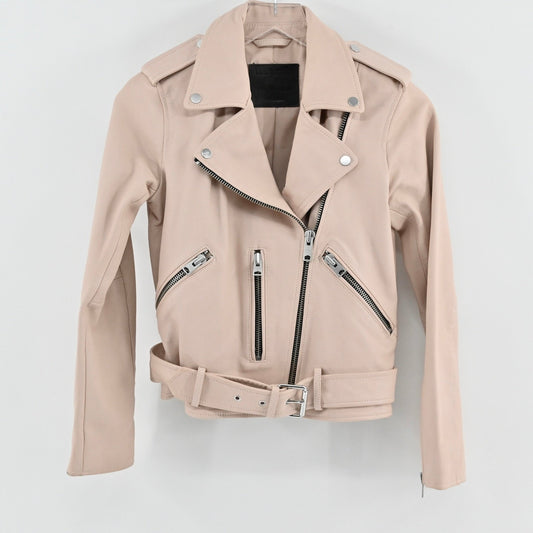 AllSaints Balfern Leather Biker Jacket Size 4 Beige Pink Lamb Rocker Edgy Moto