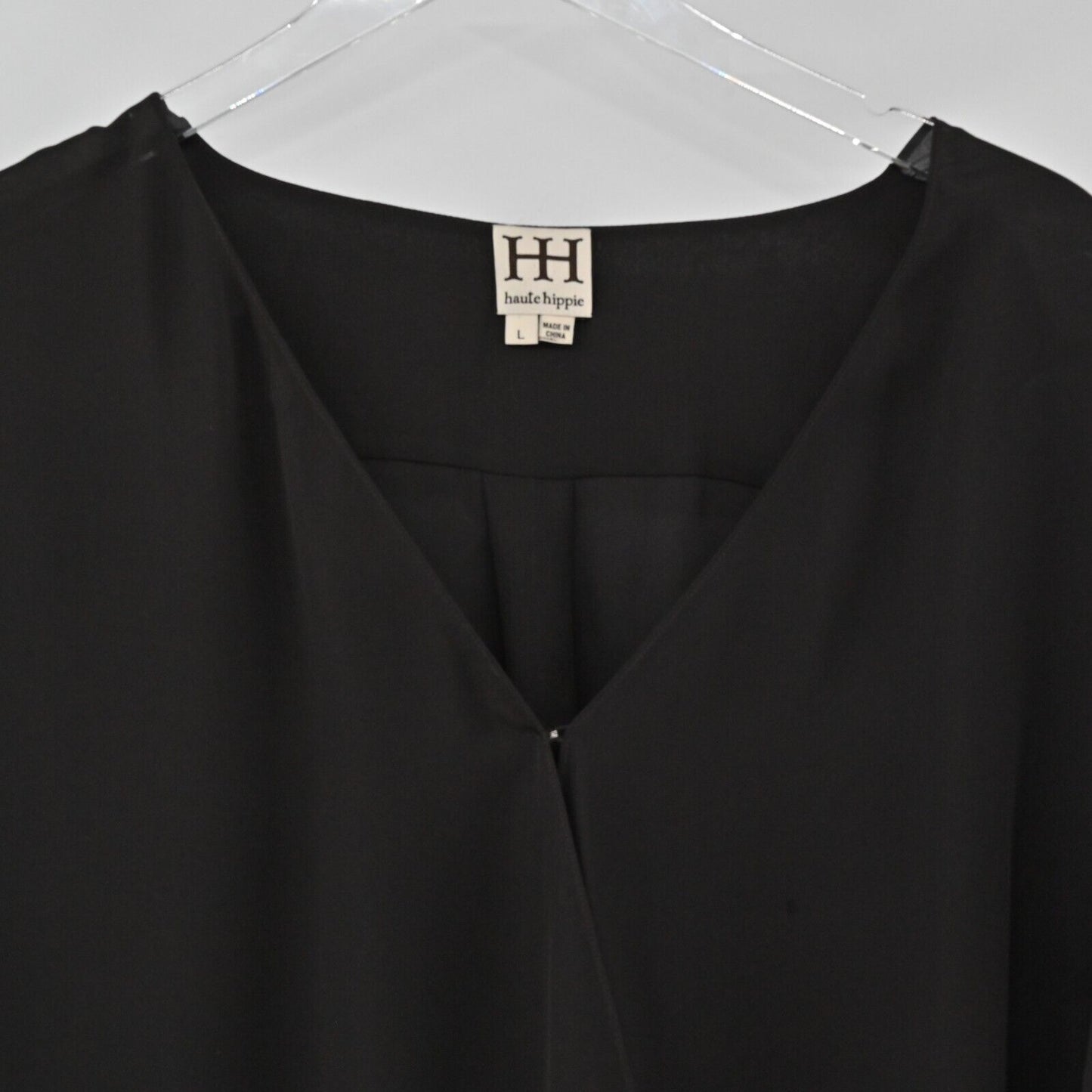 HAUTE HIPPIE Top Womens Size L Long Sleeve Silk Black Wrap Front V Neck Blouse