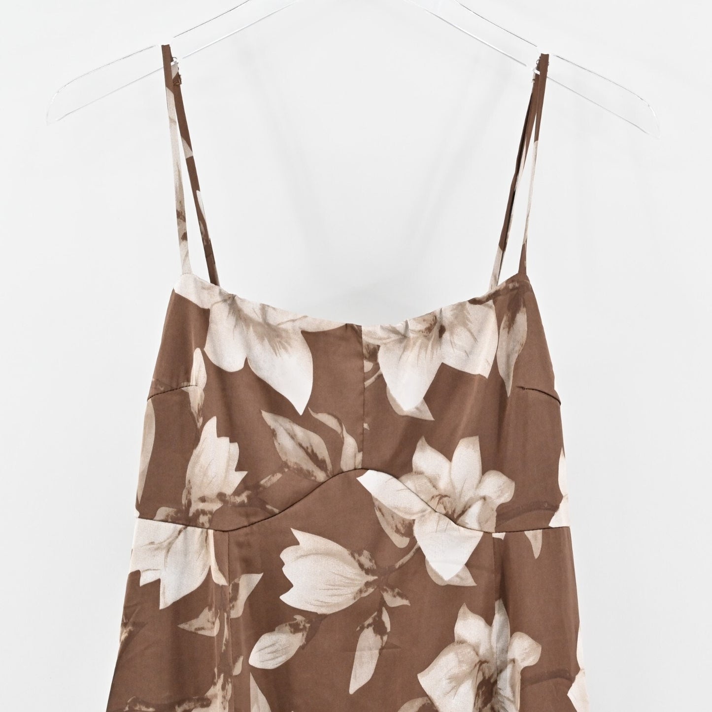 LULUS Midi Dress Size L Naturally Serene Brown Floral Satin Seamed Sleeveless