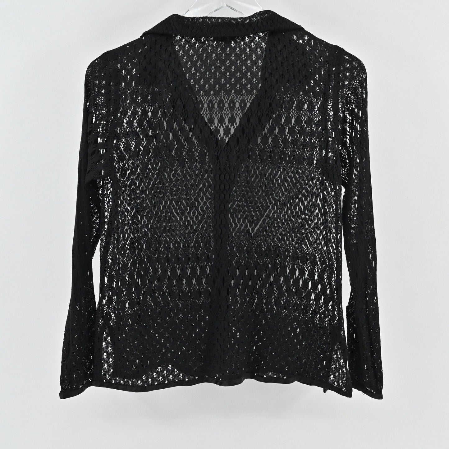 Vtg Y2k Mica Womens Black Knit Crochet Top Size 4 Sheer Mesh Button Long Sleeve