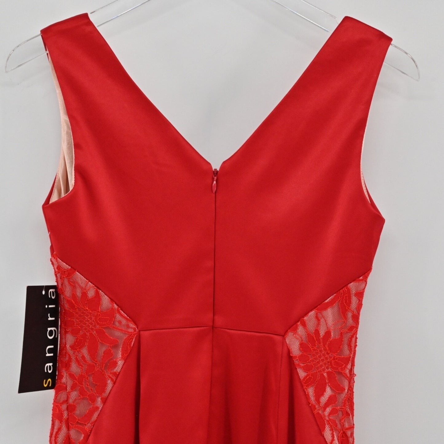 SANGRIA Womens Red Satin Dress Size 2 Lace Inlay Office Siren Cocktail Holiday