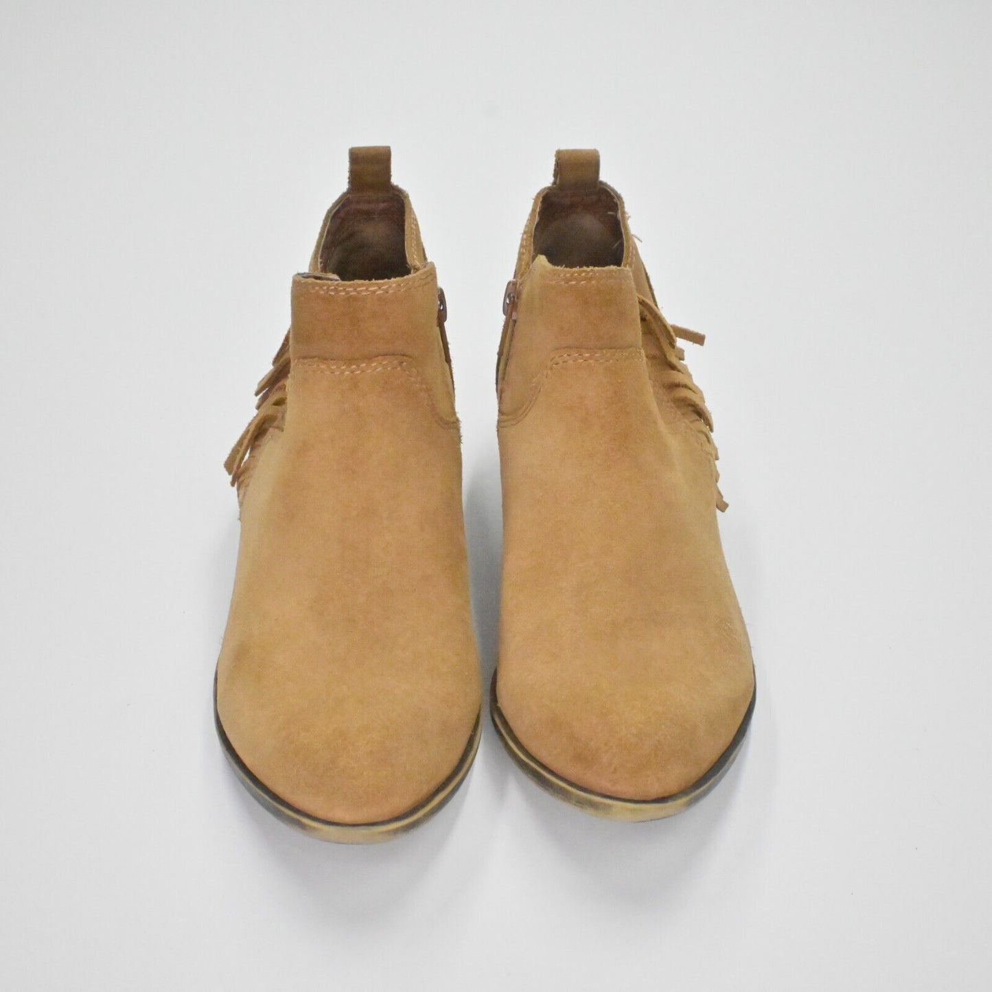 LUCKY BRAND Booties Womens Sz 6.5 Banji Ankle Fringe Stacked Heel Chestnut Brown