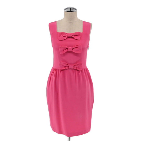 Vtg SARA BERMAN Dress Womens Sz S Hot Pink Bow 100% Silk Square Neck Sheath 90s