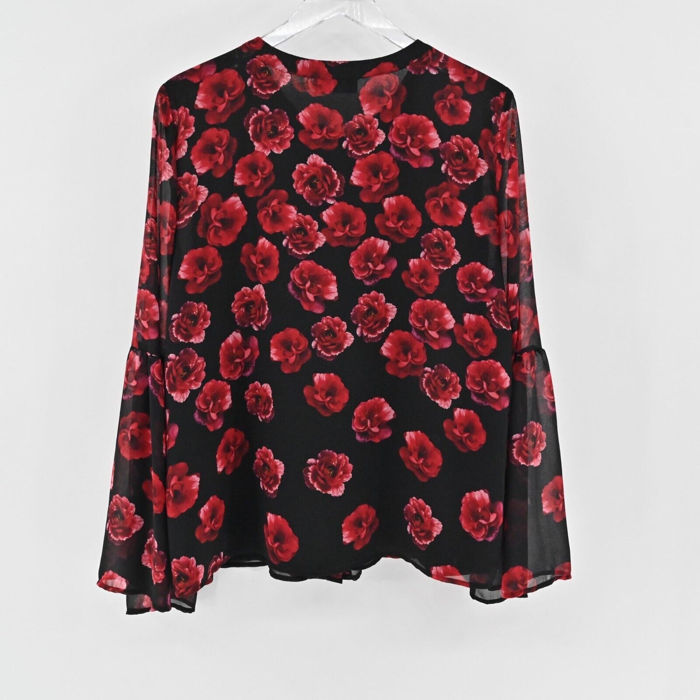 KARL LAGERFELD Top Womens Size L Red Black Floral Bell Sleeve Blouse Chiffon