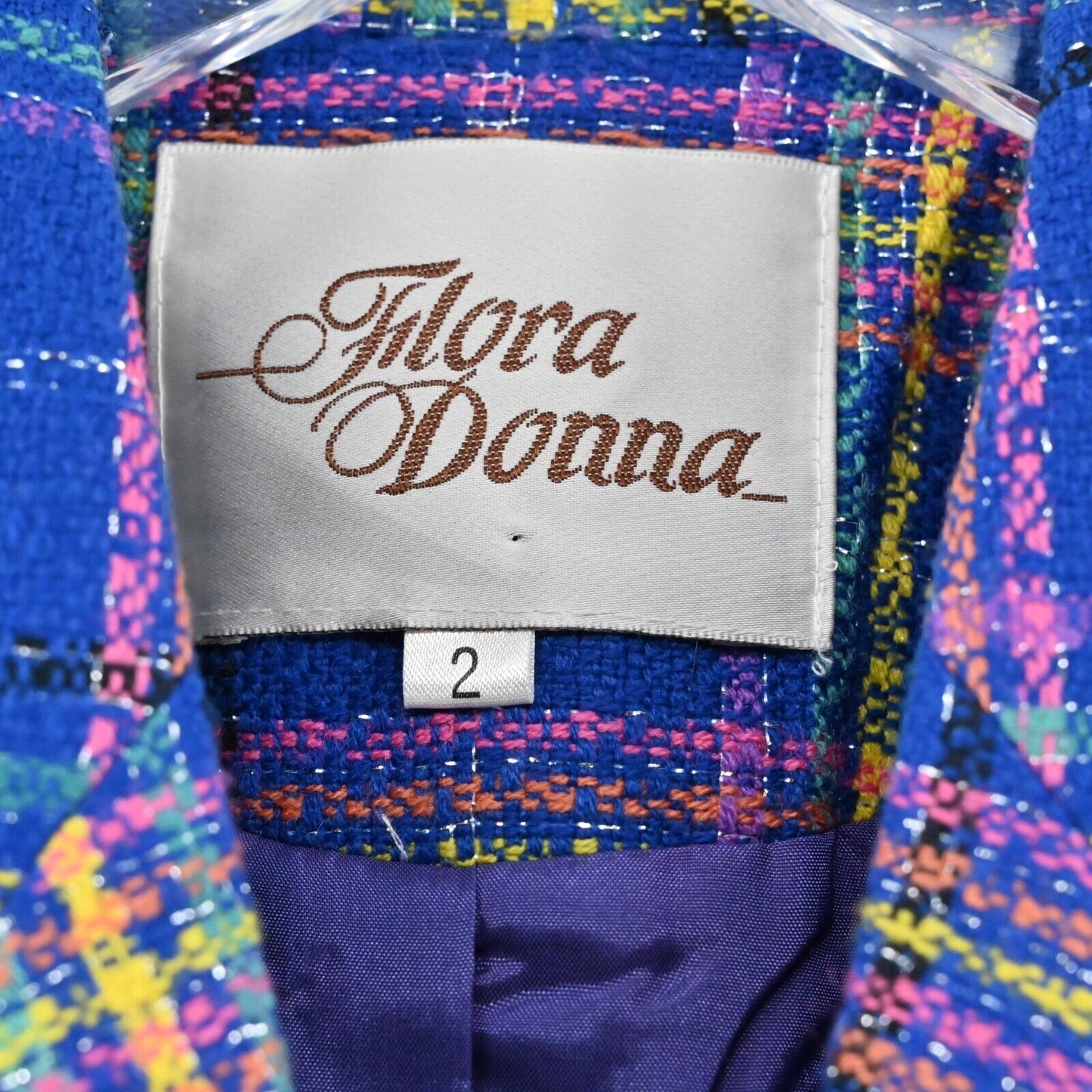 Vtg FLORA DONNA Blazer Womens Size 2 Neon Plaid Tweed Single Breasted Jacket