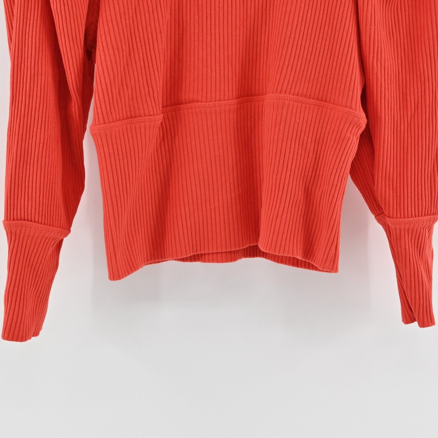 Free People Lala Cropped Top Size L Red Ribbed Puff Sleeve Mock Neck Vibrant