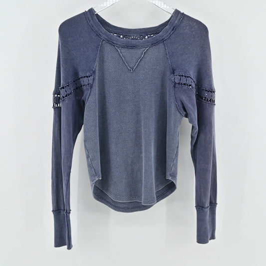 Free People Luella Tee Shirt Thermal Top Size XS Crochet Inset Quarry Blue Boho