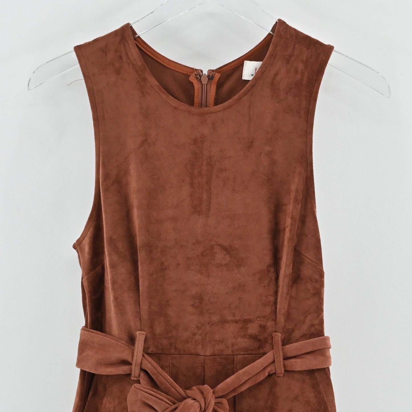 Anthropologie Womens Suede Jumpsuit Size XSP Brown Polished Sleeveless Belted