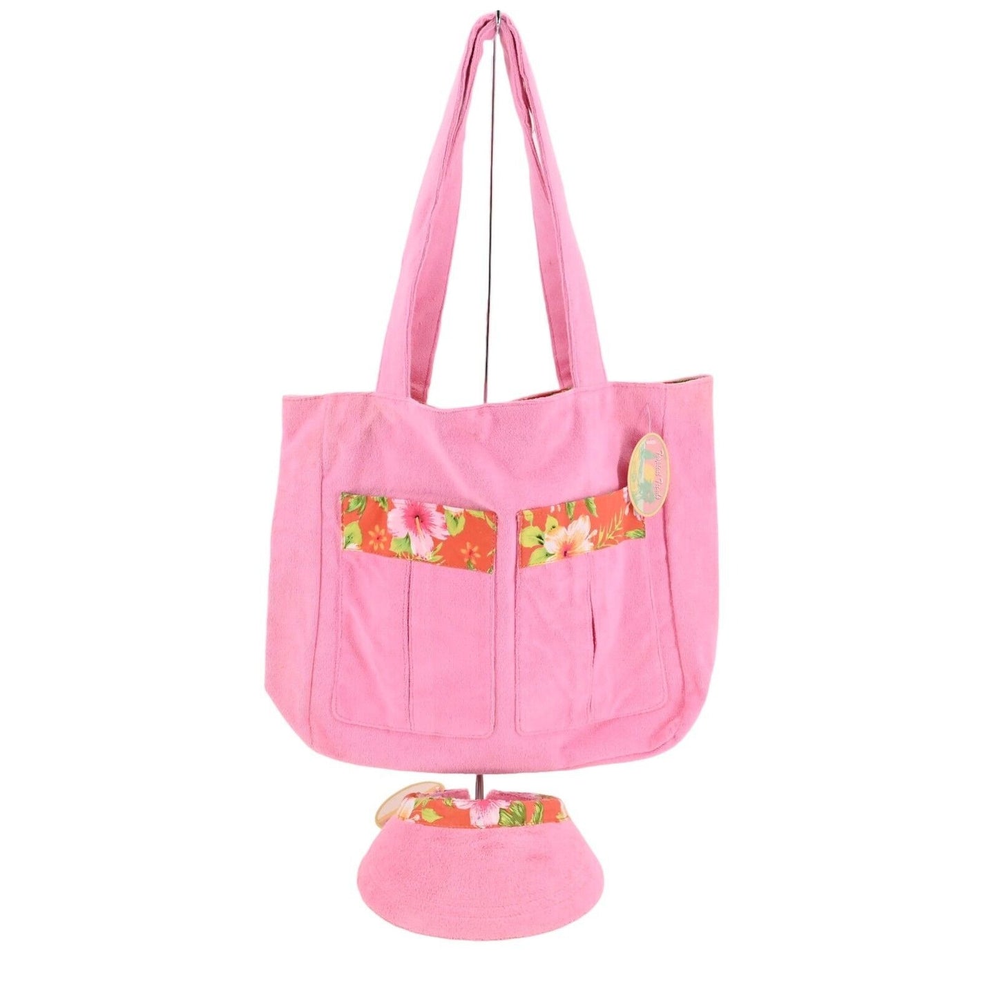 Vtg Y2k TROPICAL TRENDS Tote Visor Set Pink Hawaiian Print Bag Coconutgirl NEW