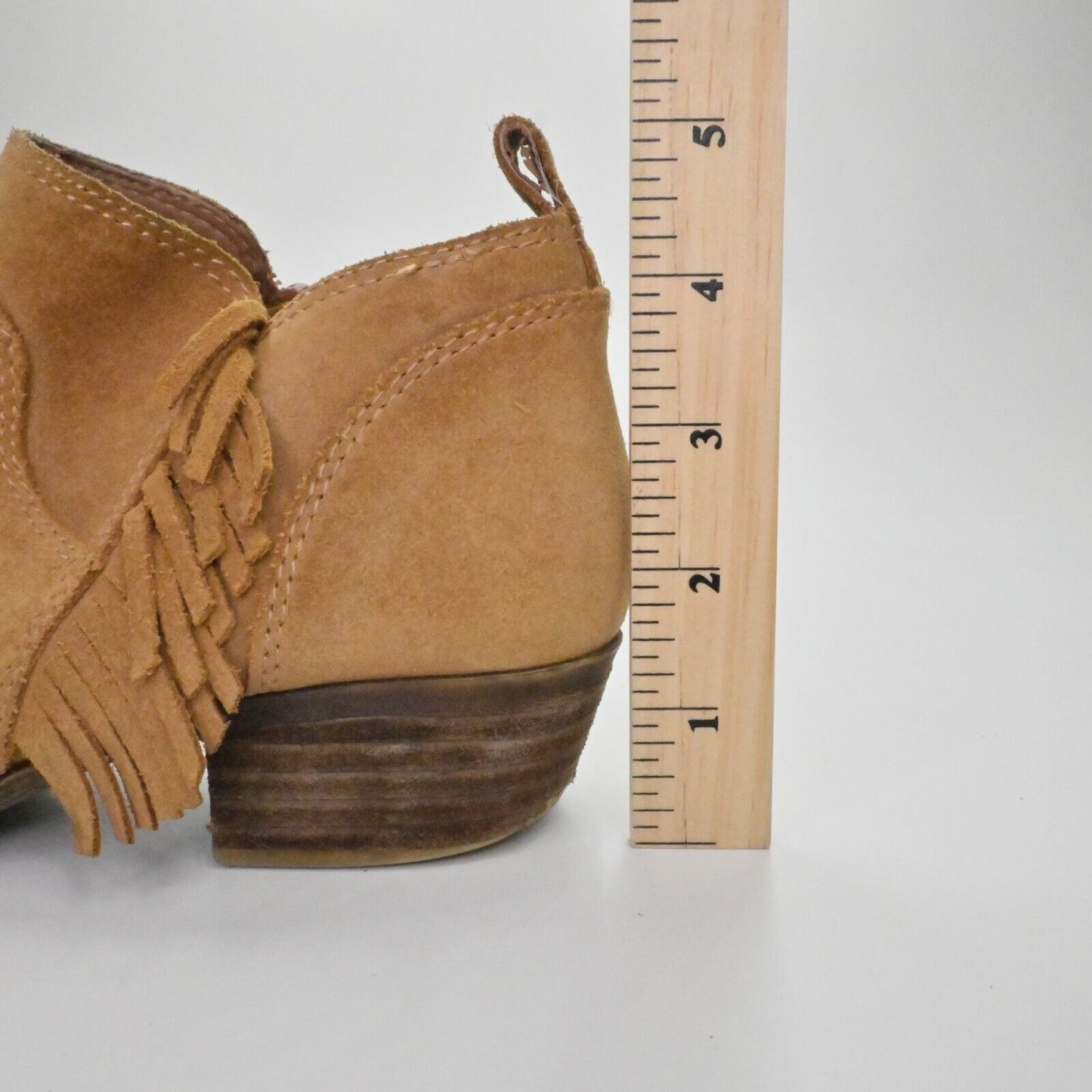 LUCKY BRAND Booties Womens Sz 6.5 Banji Ankle Fringe Stacked Heel Chestnut Brown