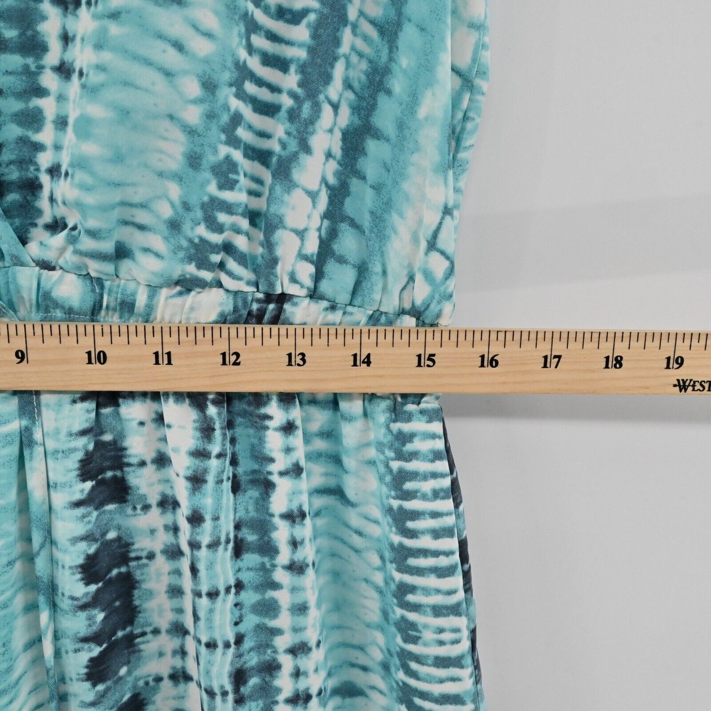 LUXXEL Romper Womens Size L Short Sleeve VNeck Turquoise Printed Tie Waist Frill