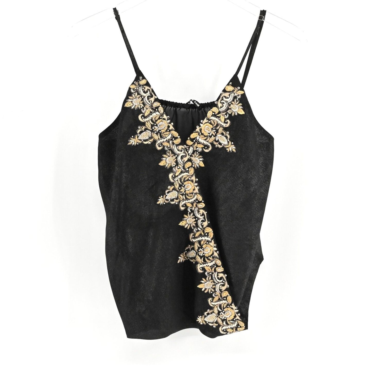 ANTHROPOLOGIE Womens Sz S Love Sam Cami Top Black Semi Sheer Embroidered Boho