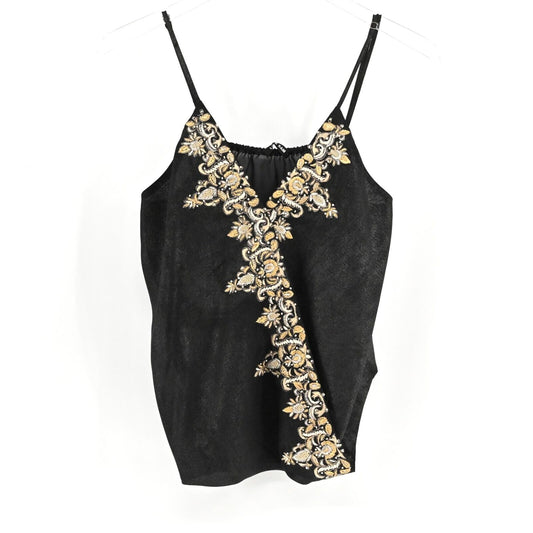 ANTHROPOLOGIE Womens Sz S Love Sam Cami Top Black Semi Sheer Embroidered Boho