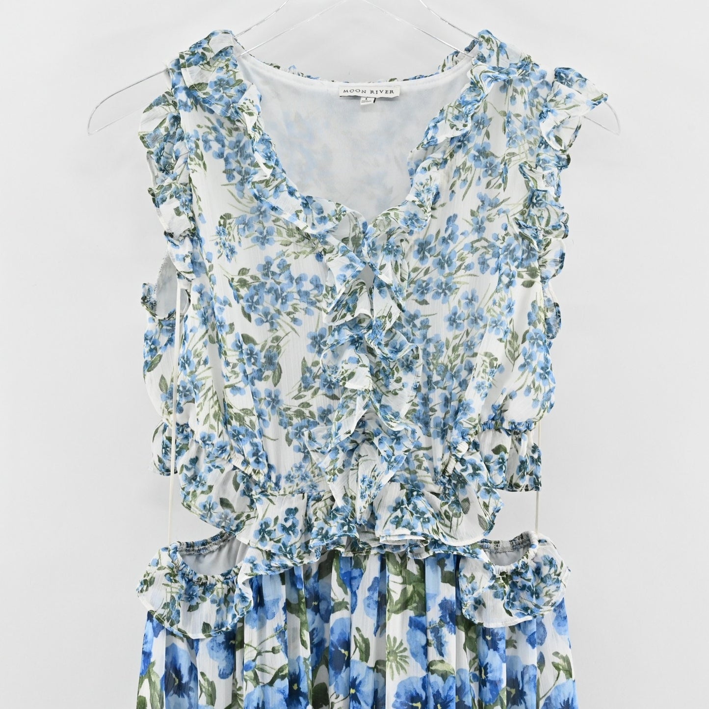 Moon River Ruffled Floral Print Maxi Dress Size L Blue Multi Sleeveless Cut Out