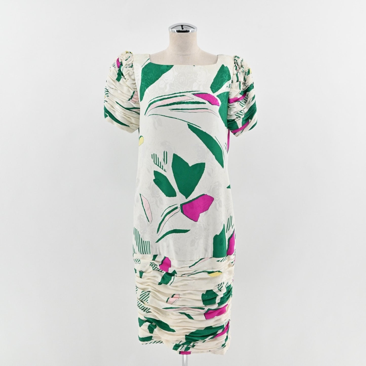 Vtg Cocktail Dress Sz L White Floral Silk Puff Sleeve Ruched Square JAYNA 80s