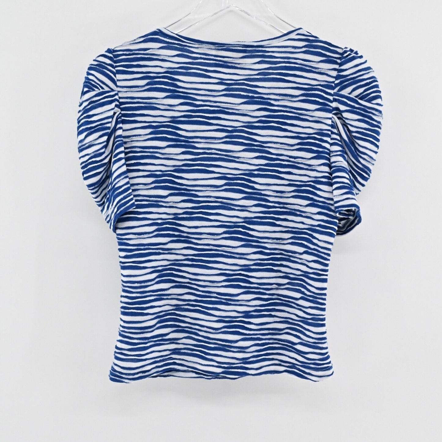 ANTHROPOLOGIE Top Womens Size S Blue Stripe Knit MAEVE Cutout Neck Puff Sleeve