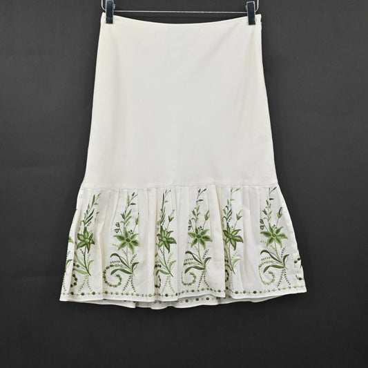Vtg ANN TAYLOR Embroidered Skirt Size 4P Petites Ivory Green Flower Tiered ALine