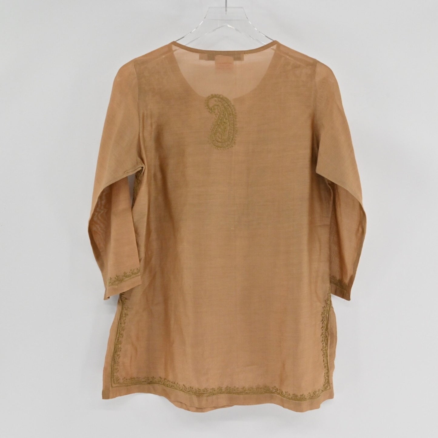 GRETCHEN SCOTT Silk Embroidered Top Womens Sz XS Brown Paisley Tunic Cotton Boho