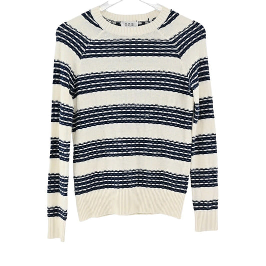 BARNEYS NEW YORK Sweater Womens Sz XS Navy Blue Ivory Stripe Cotton Blend Preppy