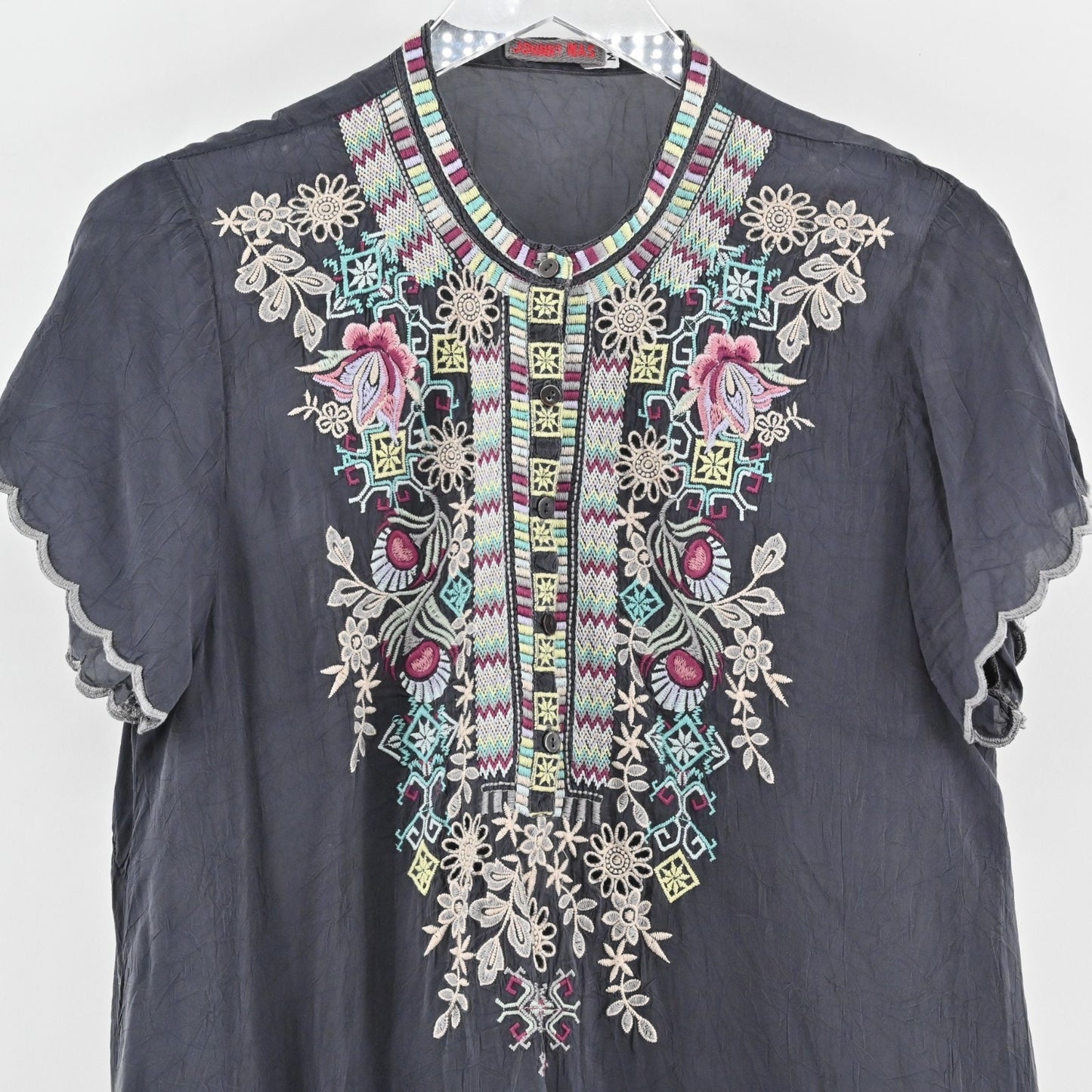 JOHNNY WAS Womens Livana Top Size M Embroidered Floral Gray Tunic Boho Blouse