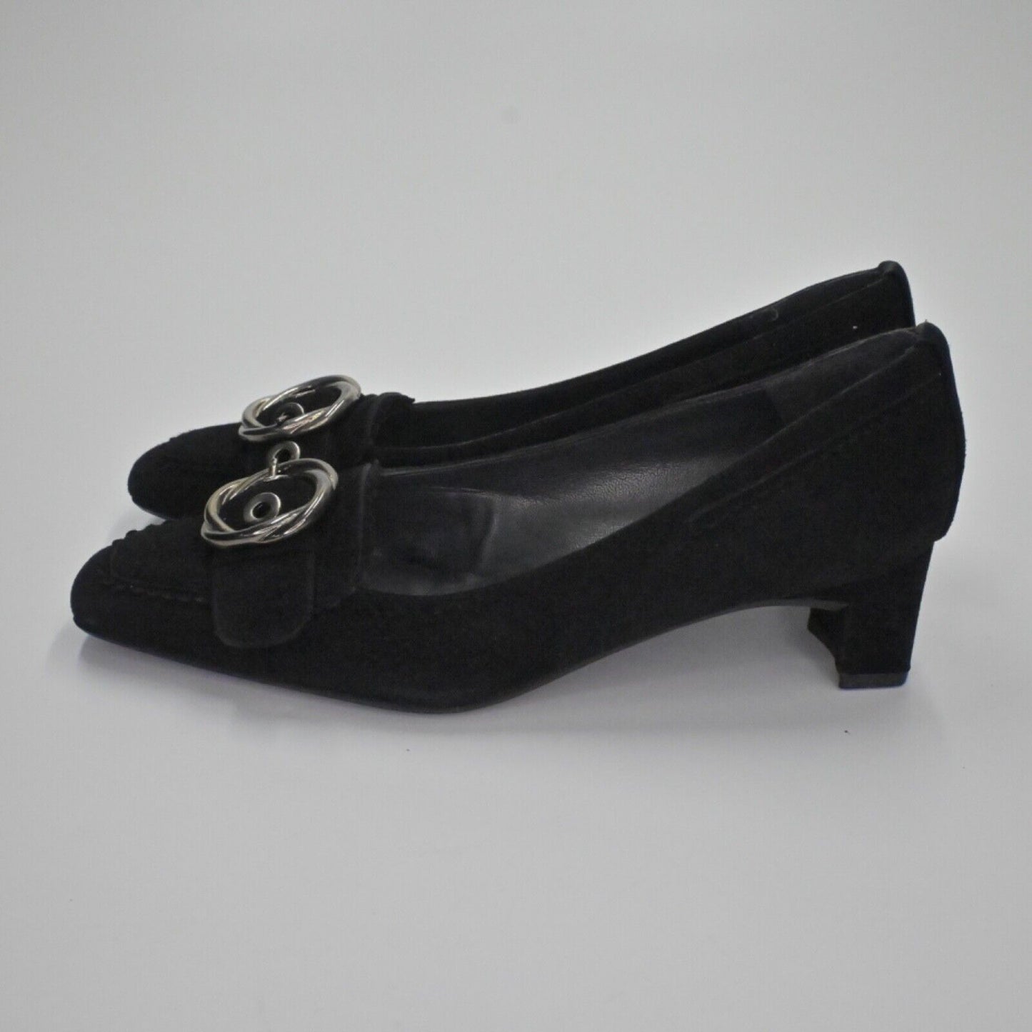 Vtg STUART WEITZMAN Pumps Womens Sz 5.5 Black Suede Buckle Square Toe Block Heel