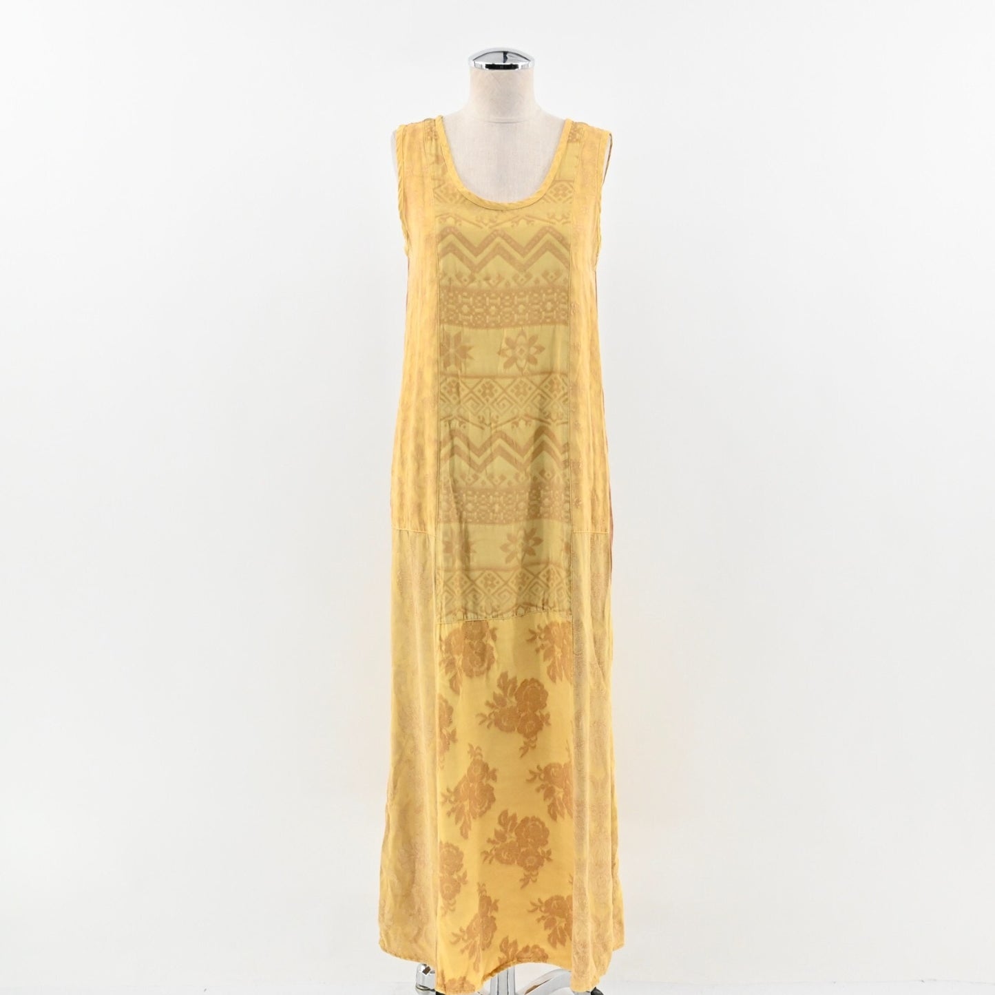 CITRON Bohemian Dress Size M Mixed Print Jacquard Sleeveless Yellow Maxi Shift